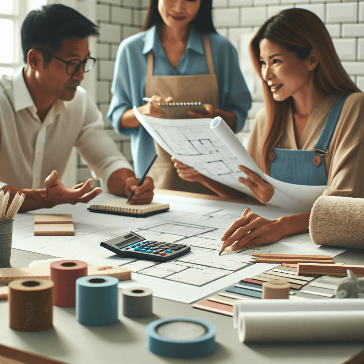 A Caucasian woman and an Asian man are seated around a table, intently discussing blueprints for a bathroom remodel. The woman is pointing at the plans while the man holds a calculator, calculating costs. In the background, tiles of various colors and paint swatches are scattered around, along with common tools like a tape measure and a clipboard, creating a clear context of home improvement.