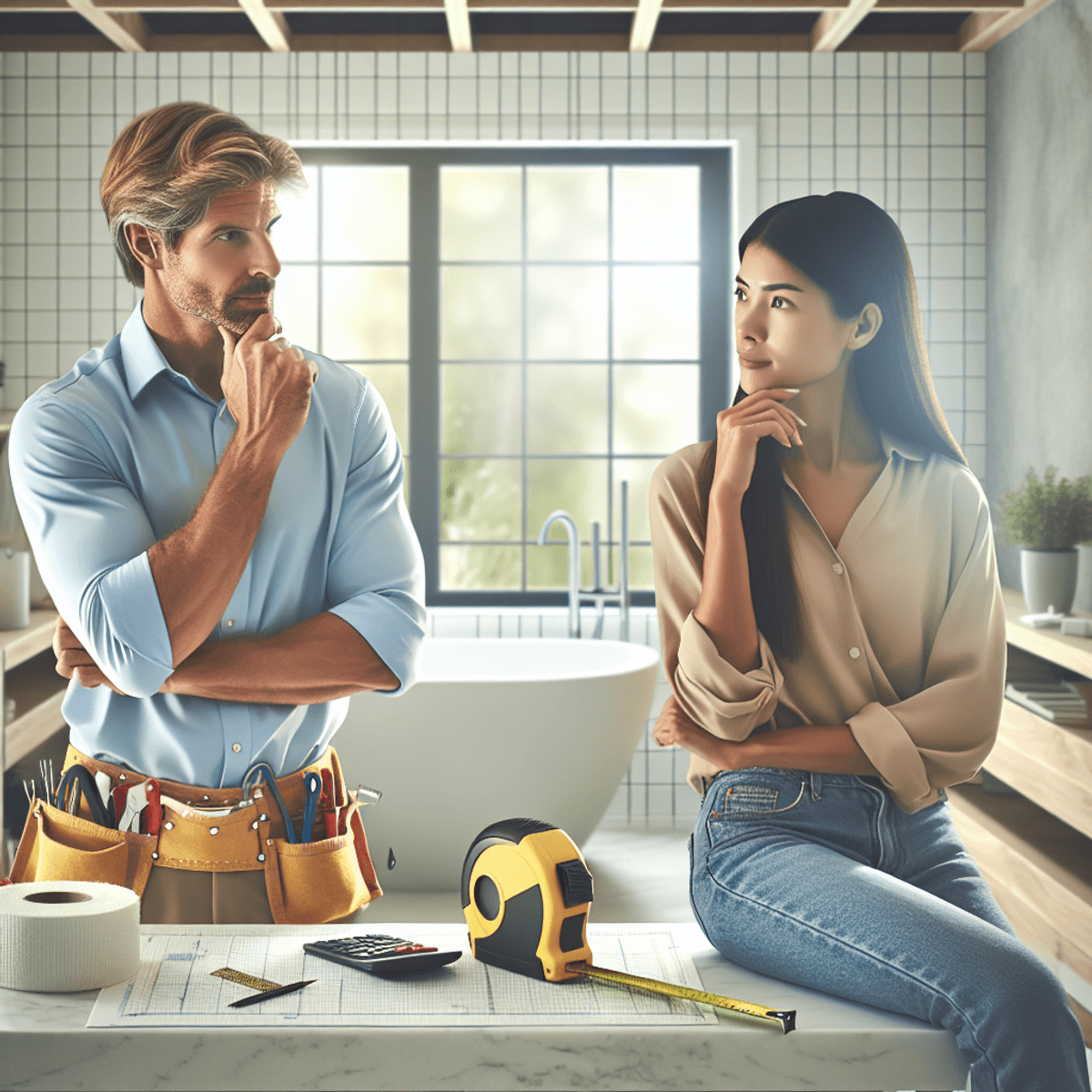 A bright and welcoming modern bathroom under renovation, featuring a Caucasian man and a Hispanic woman discussing plans. The countertop is cluttered with construction tools like a measuring tape and a calculator, emphasizing their professional involvement in the project.