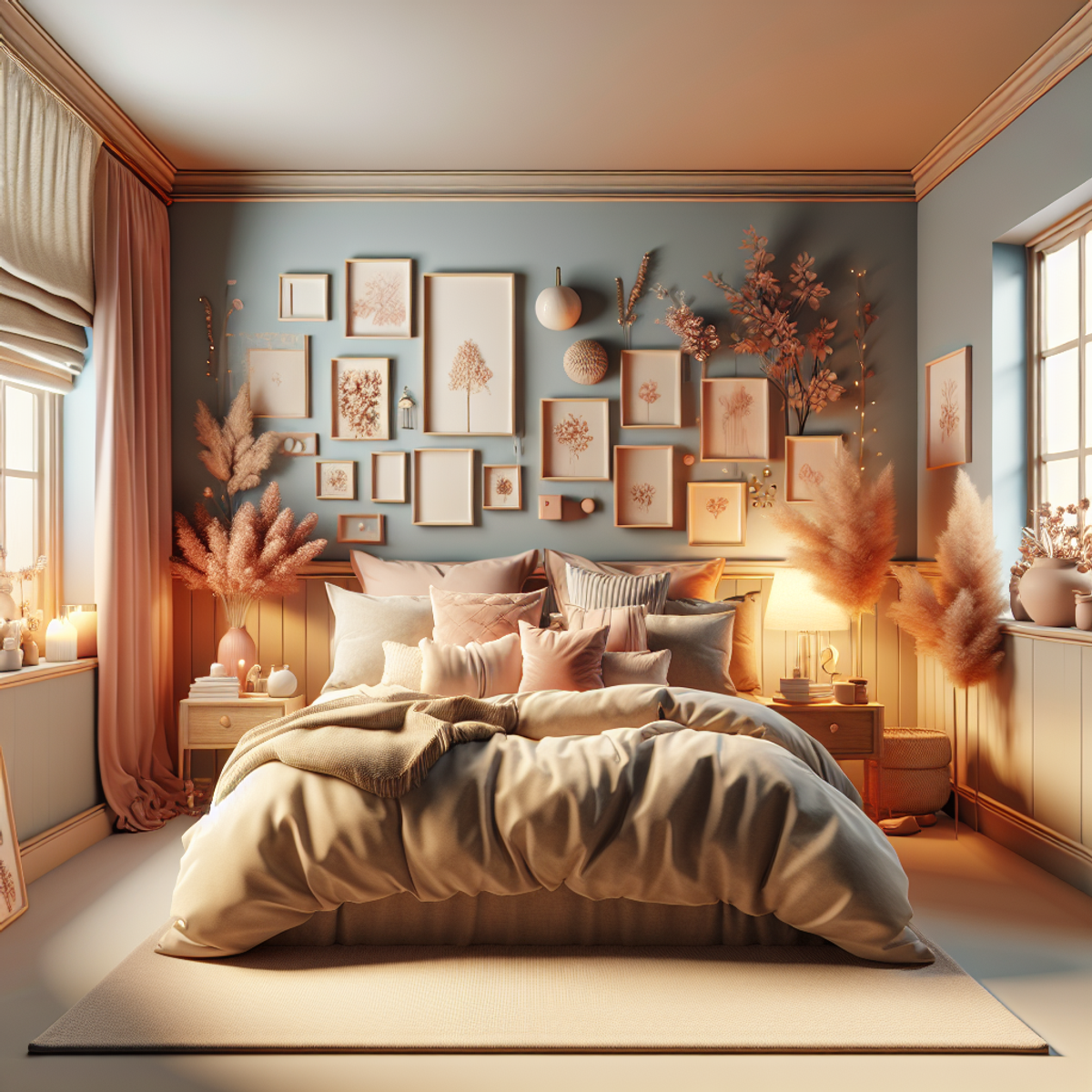 A cozy bedroom with plush bedding and warm lighting.