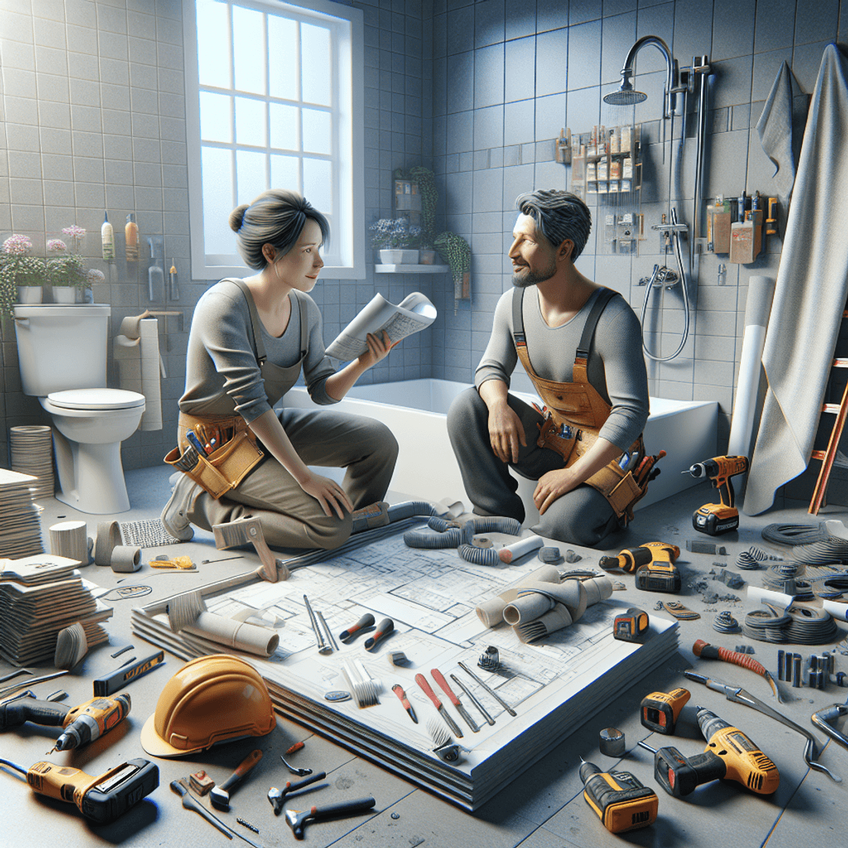 A diverse team collaborates on a shower renovation project, featuring a Caucasian woman and an Asian man discussing plans amidst tools and materials. The scene showcases power drills, tiles, blueprints, and safety helmets, highlighting a blend of DIY efforts and professional expertise. An unfinished shower installation serves as the focal point, reflecting the ongoing progress of the renovation.