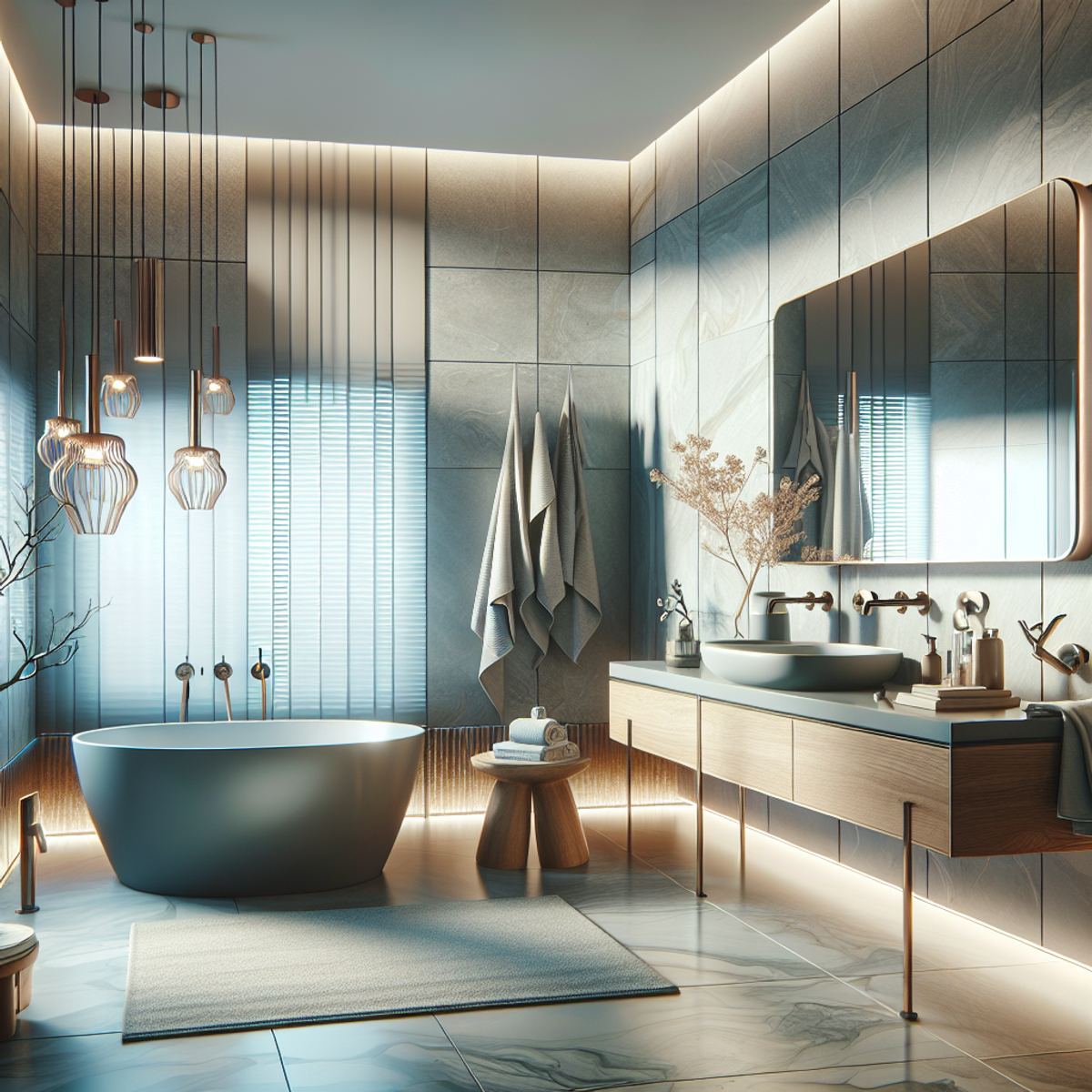 A modern and sleek bathroom with muted blue, gray, and white color scheme, featuring a stylish sink, faucet, mirror with sculptural light fixtures, and a bathtub.