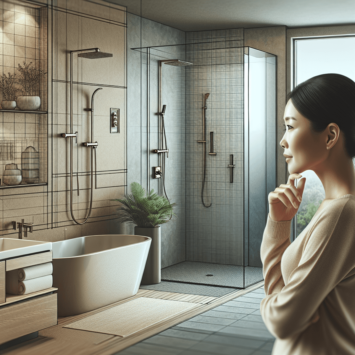 A modern bathroom featuring a luxurious walk-in shower, a classic bathtub-shower combination, and a sleek corner shower, all in neutral tones with elegant fixtures. An East Asian woman is thoughtfully examining the renovations, her expression contemplative. The overall atmosphere is inviting and stylish.