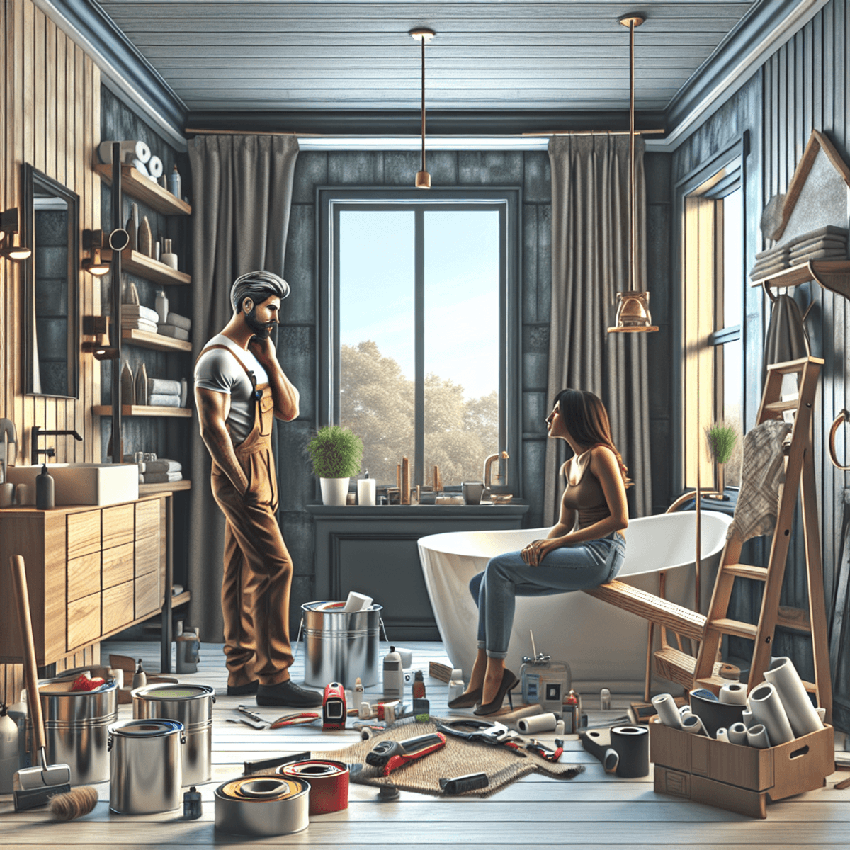 A modern bathroom under renovation, showcasing various tools like a measuring tape, paint cans, and construction equipment scattered around. A Caucasian male contractor wearing a hard hat is engaged in conversation with a Hispanic female homeowner, who looks pleased and hopeful about the ongoing work. The room reflects a sense of progress and transformation, with exposed walls and partially installed fixtures, emphasizing the anticipation of the completed project.