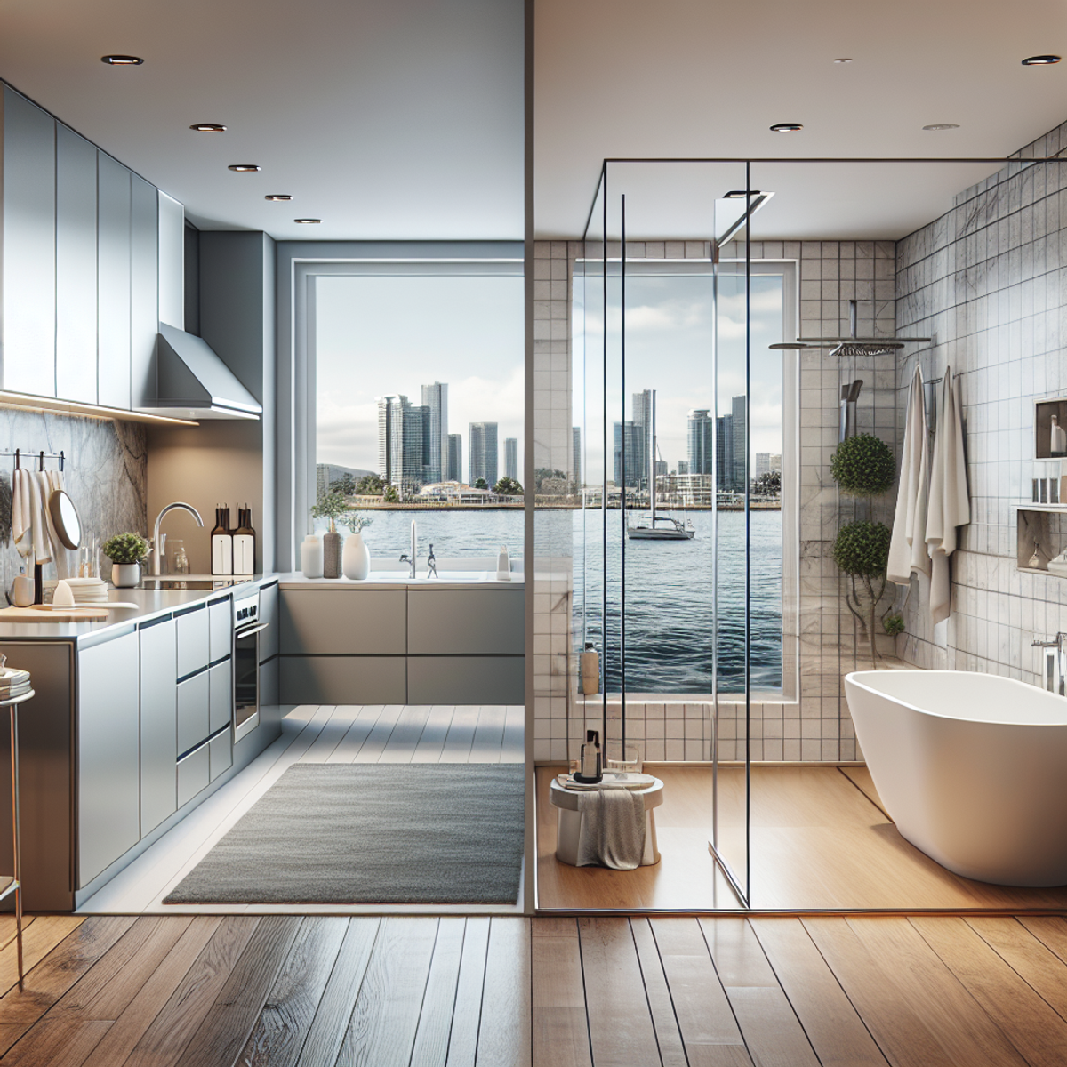 A modern kitchen with stainless steel appliances and contemporary cabinets, and a sleek bathroom with a glass shower enclosure and freestanding bathtub.
