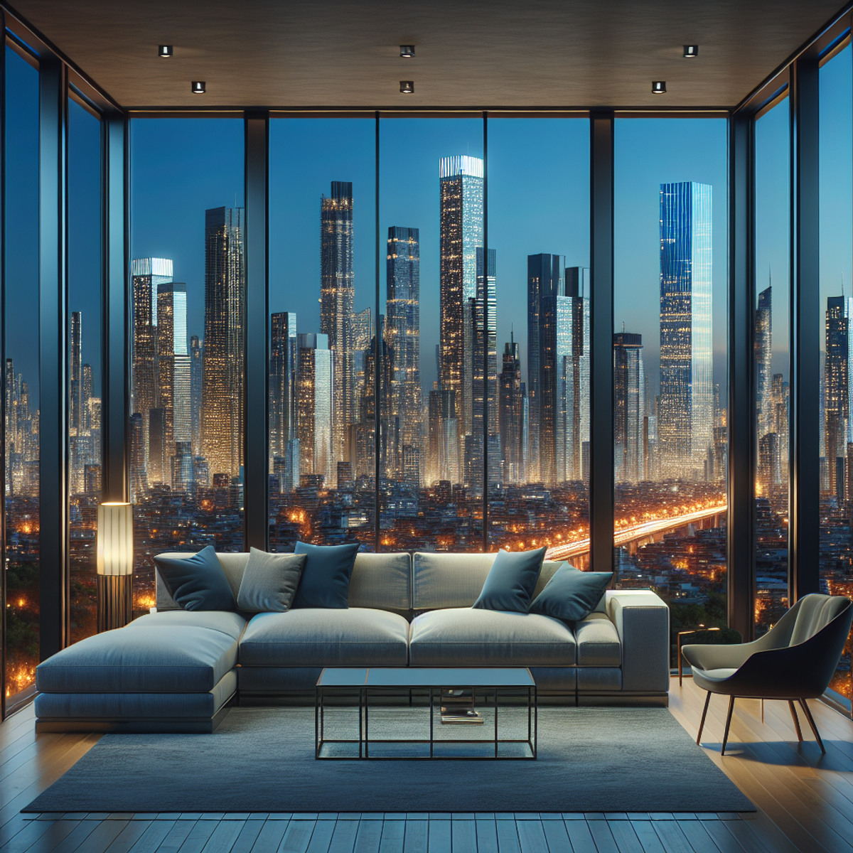 A modern living room with sleek furniture and a stunning city skyline view.