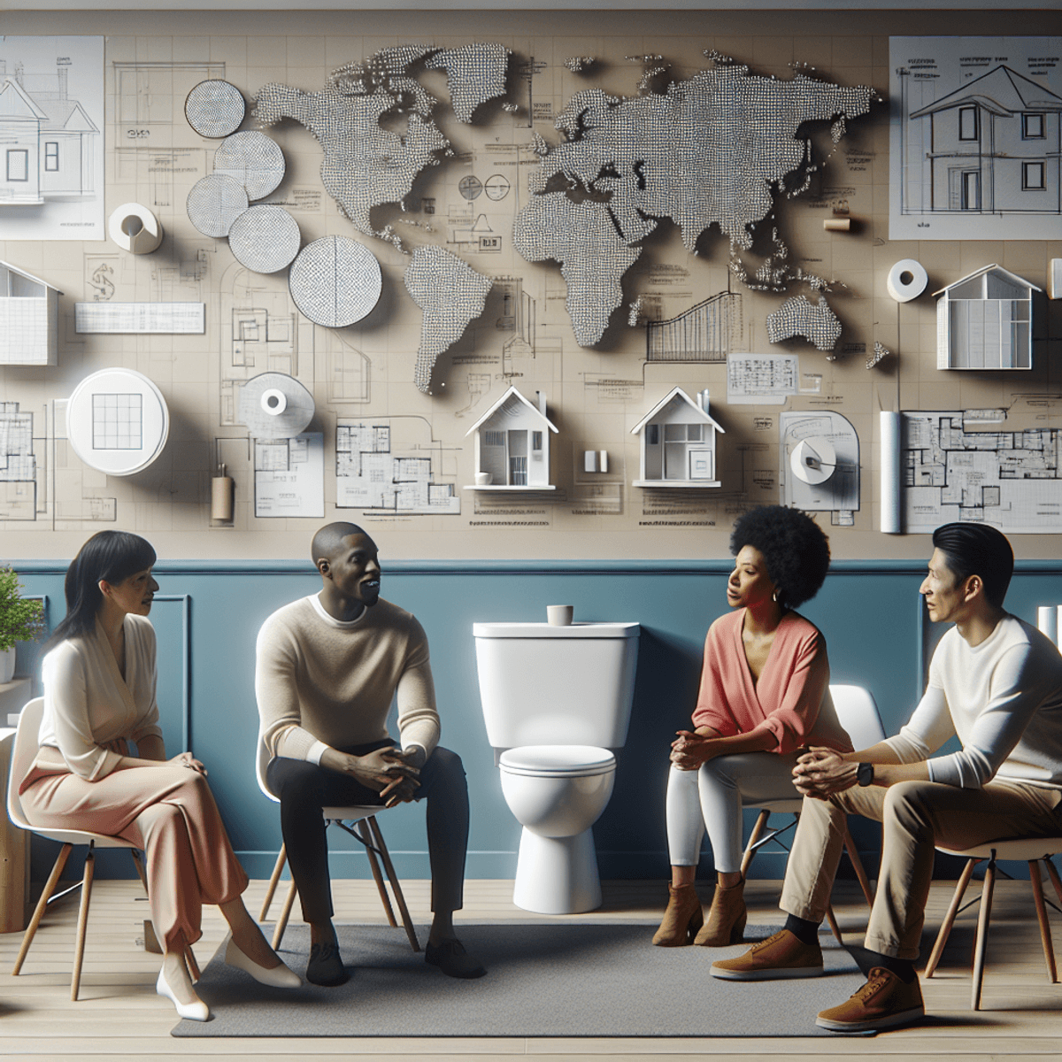 A racially diverse group of four individuals engaged in a discussion about home renovation in a contemporary bathroom. The group includes a Caucasian woman, a Black man, a Middle Eastern woman, and a Hispanic man, each representing different roles such as architect, homeowner, interior designer, and contractor. The atmosphere is light and collaborative. In the background, there are plans, blueprints, 3D models of houses, and infographics about renovation costs displayed on a wall against a geographical map.