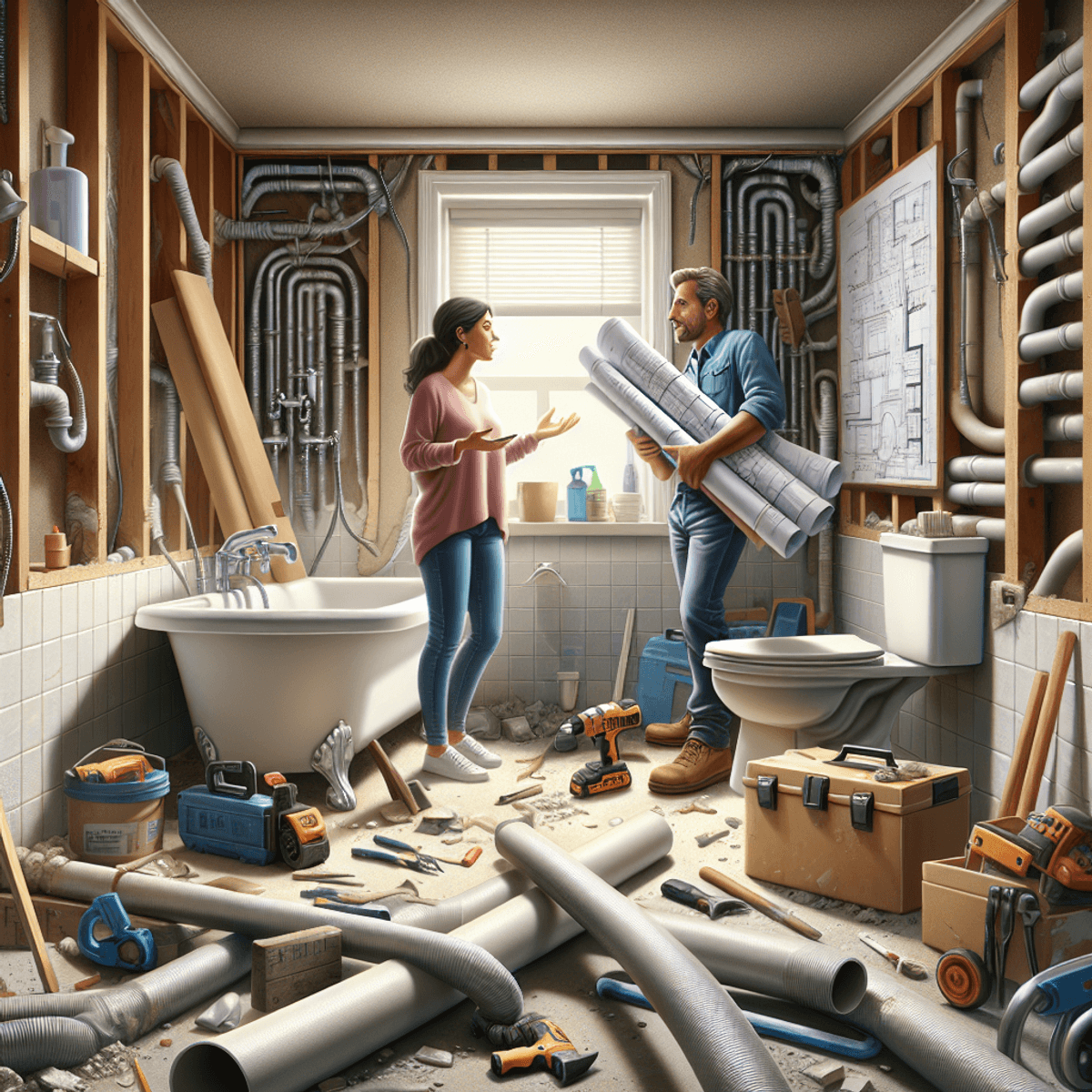 A realistic bathroom under renovation with a Caucasian man holding blueprints and a Hispanic woman holding a hammer, discussing amidst scattered tools and materials. Uncovered pipes are visible behind the walls, highlighting the hidden costs of home improvement.