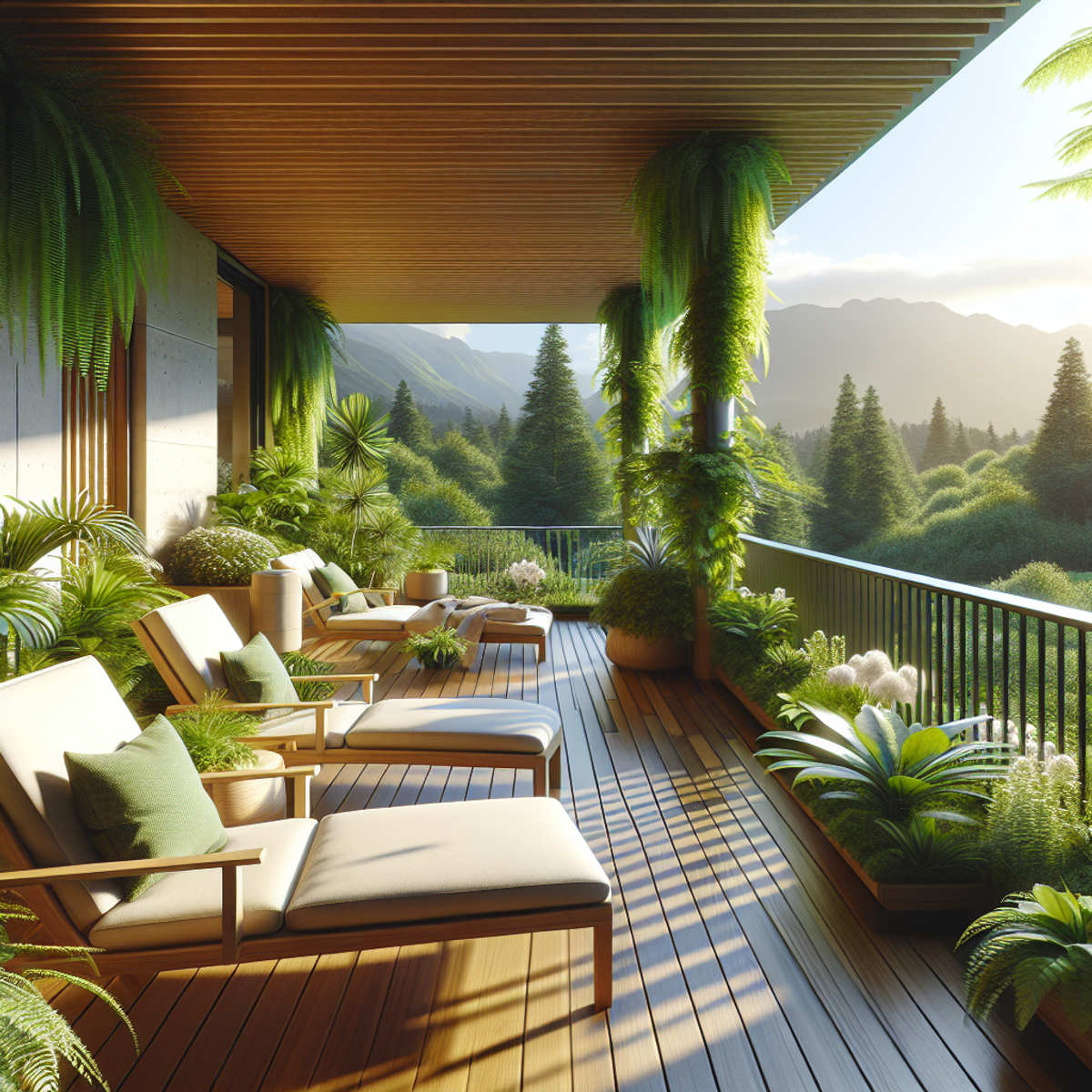A serene balcony oasis filled with lush green plants, comfortable seating, and a breathtaking view.