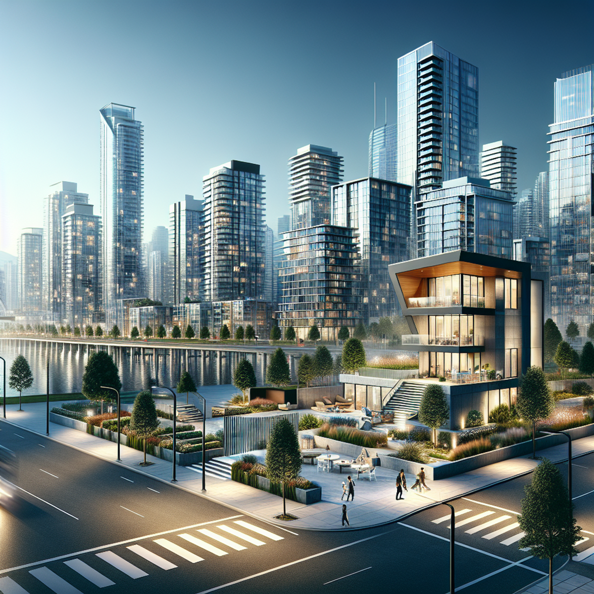 A sleek and modern cityscape with high-rise buildings, reflective glass facades, lush green parks, and a renovated home standing out proudly against the urban backdrop.