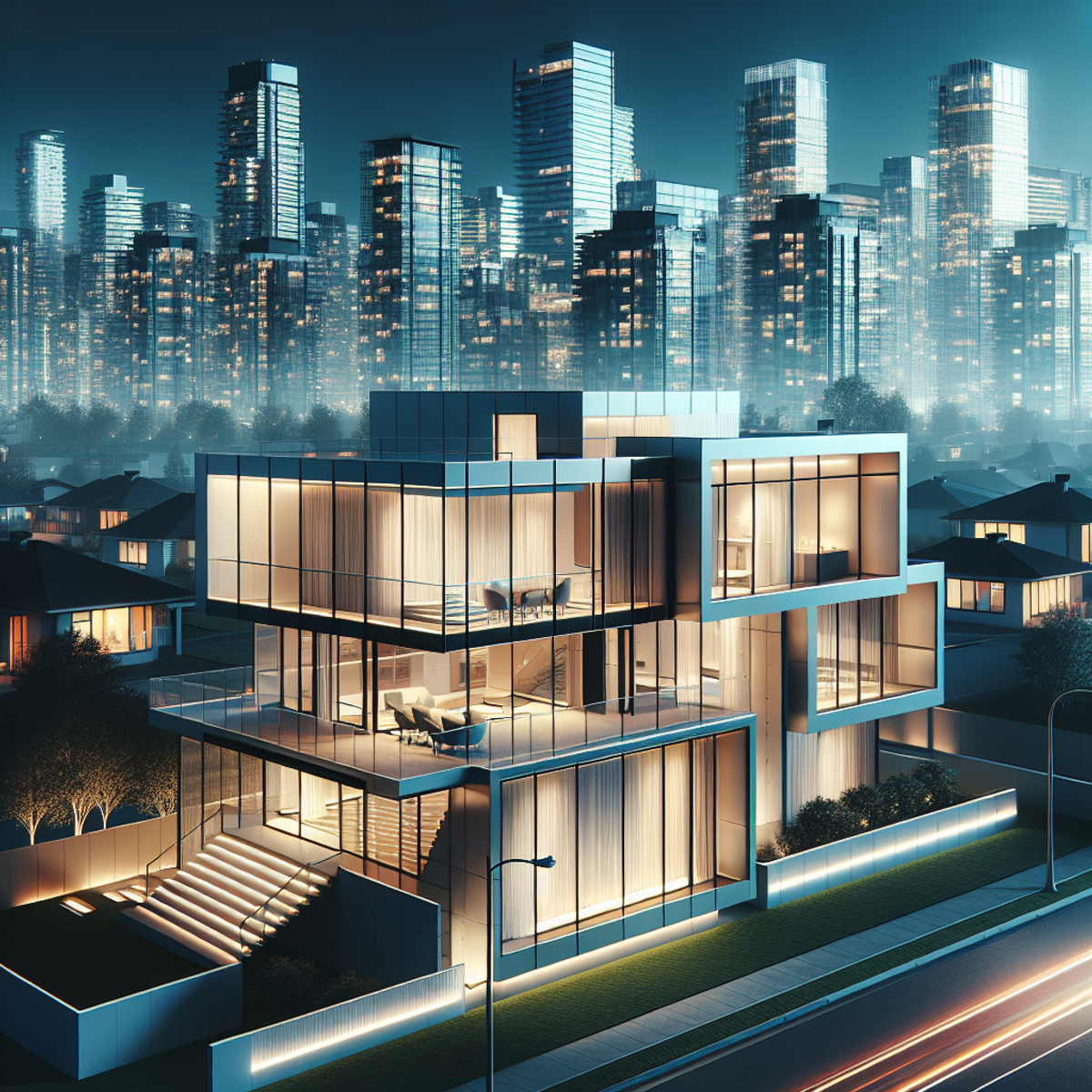 A sleek, modern home with a cityscape backdrop.