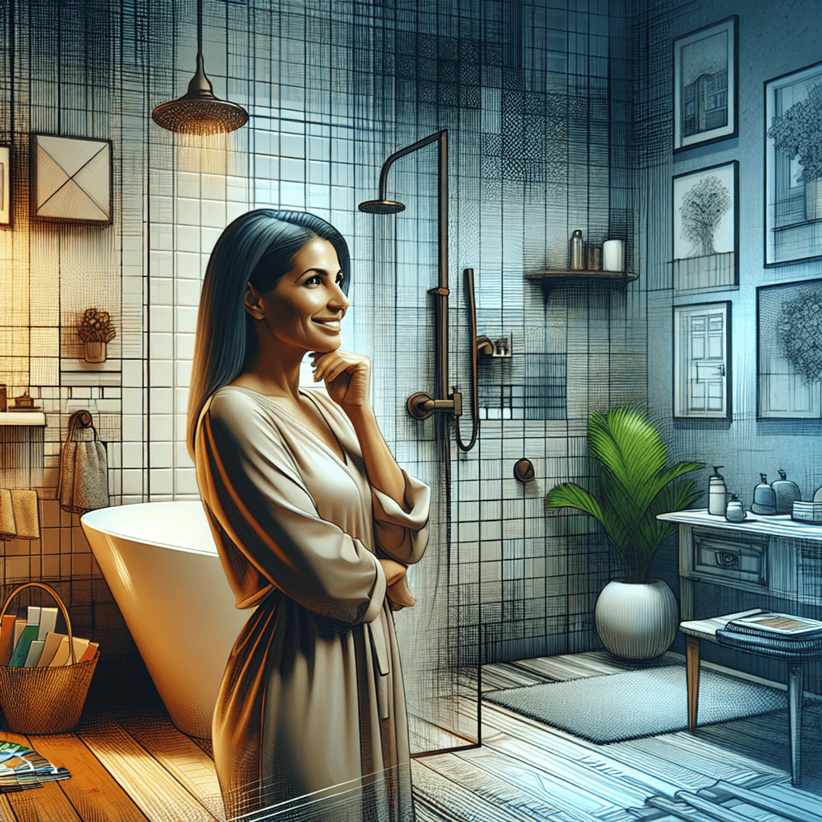 A stylish, modern bathroom featuring a striking shower with contemporary tiles and fixtures. A pleased Hispanic woman examines the shower's design choices with a thoughtful expression. The bathroom exudes elegance and sophistication, with ongoing renovation elements visible, including color swatches and tools subtly placed in the background. The scene captures a realistic artistic style, highlighting the beauty of the newly renovated space.
