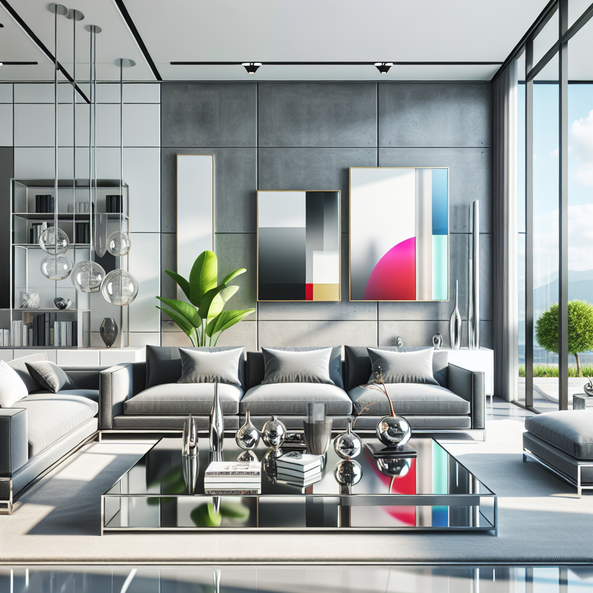 Alt text: A sleek and modern living room with a grey couch, glass table with chrome legs, white walls, and vibrant contemporary art pieces.