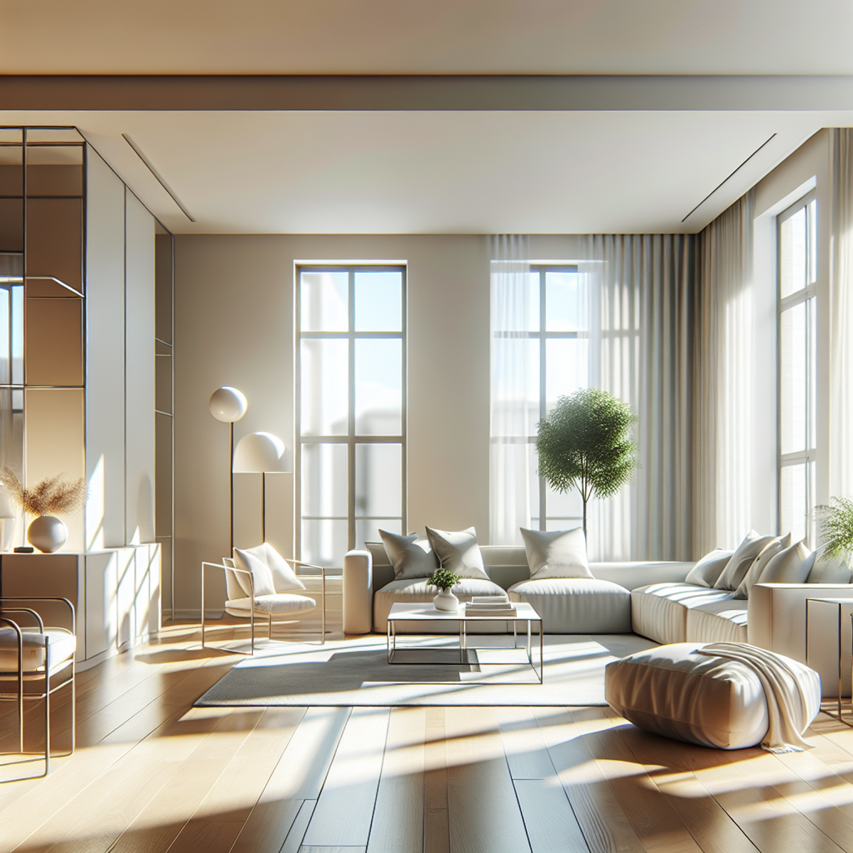 Modern living room with abundant natural light and chic furniture.