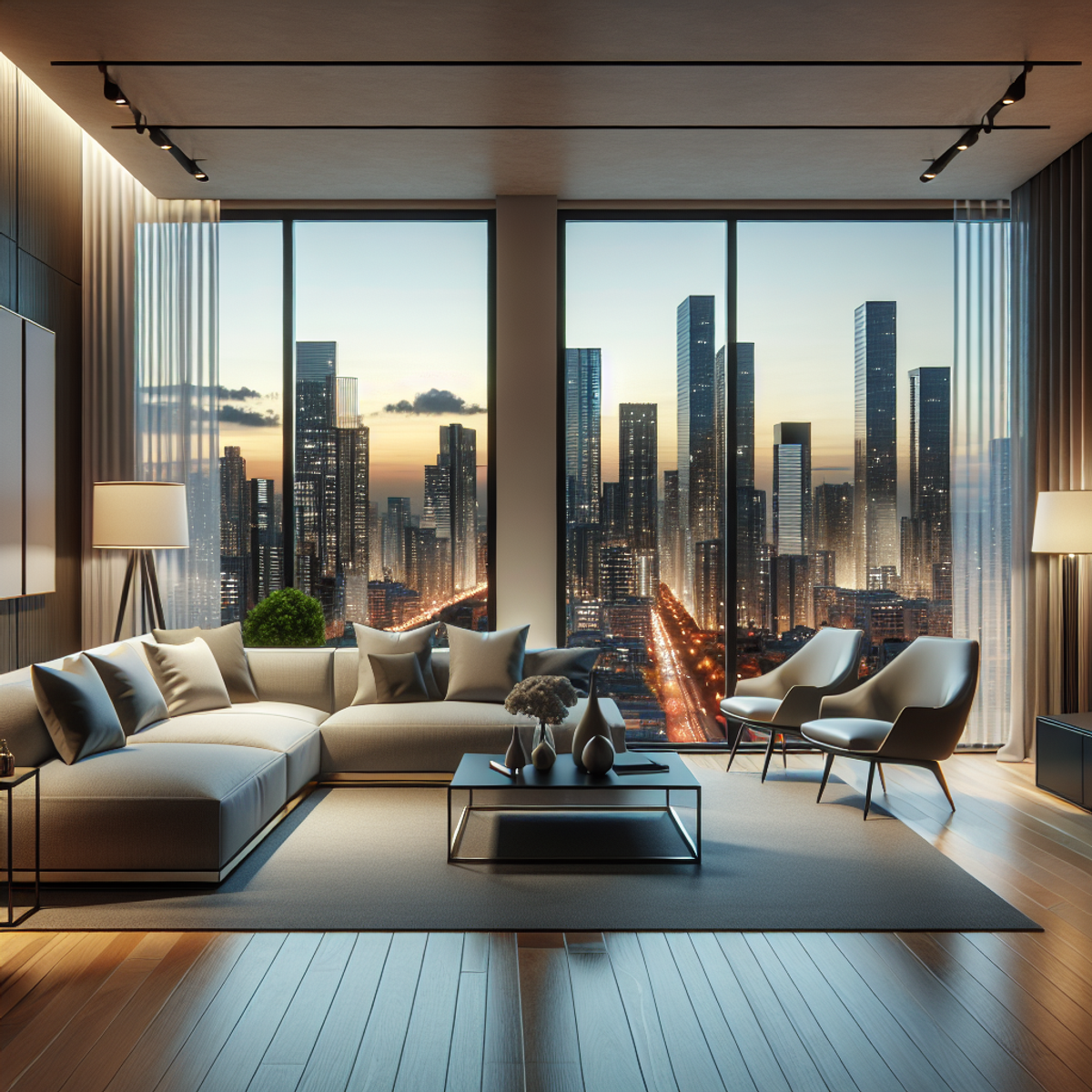 Sleek and modern living room with floor to ceiling windows overlooking a city skyline.